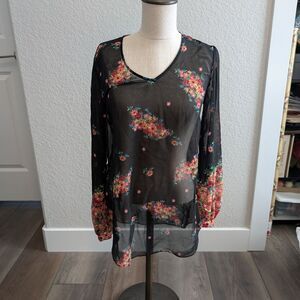 CAbi Black Sheer Floral Blouse